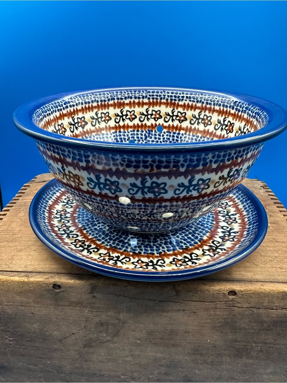 Vintage Boleslawiec Polish Pottery Berry Bowl & Plate – Blue Mosaic Floral, EUC